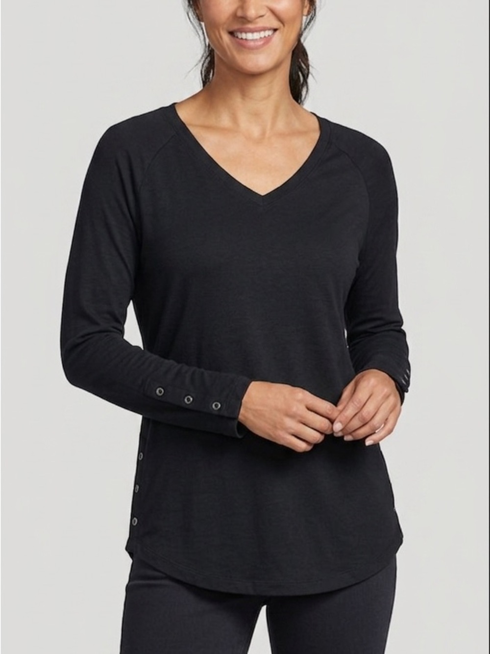 Soma Black Long Sleeve V-Neck Top with Button Accents